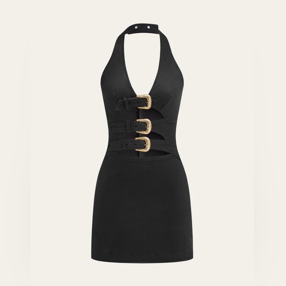 Commense Halter Neck Buckle Detail Denim Dress